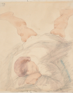 Femme couchée sur le ventre, vue en raccourci et les jambes écartées