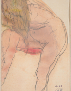 Femme nue aux longs cheveux, penchée vers la gauche jusqu'à un pied levé