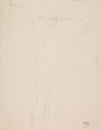 Femme nue debout, tournée vers la droite, bras écartés
