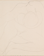 Femme nue assise, de face, penchée en avant, une main à la cheville