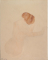 Femme nue assise et de dos, une main au front et un bras tendu vers la droite