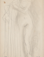Femme nue debout, de face, tenant une draperie sur le bras droit