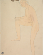 Femme nue de profil écrivant sur un genou dressé
