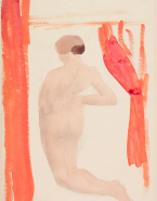 Femme nue de dos, agenouillée et les mains aux hanches