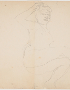 Femme nue assise de profil à droite, une jambe tendue