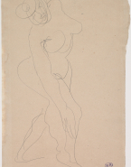 Femme nue de profil vers la droite, une main le long du mollet