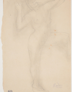 Femme nue debout, les bras demi-levés et une jambe haut levée