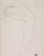 Femme nue allongée sur le ventre vers la gauche, en appui sur une main, un bras autour de la tête