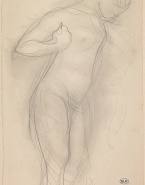 Femme nue debout, tournée vers la droite, une main sous l'aisselle