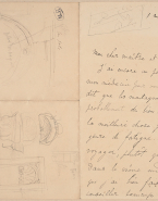 Divers motifs architecturaux : arc, chapiteau, coquilles ; Lettre de Marie Cassavetti adressée à Rodin (au verso)