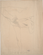 Femme nue de profil à droite, penchée en avant, en équilibre sur la jambe gauche