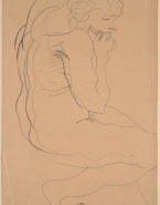 Femme nue assise de profil vers la droite, une main au menton