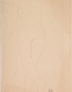 Femme nue debout, de face, pieds croisés, bras écartés