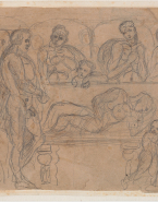 Le comte Guidon entre le diable et saint François ; Homme nu assis en tailleur près d'autres personnages (au verso)