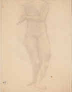 Femme nue debout, un bras replié, et les jambes fléchies