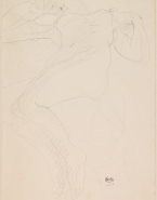 Femme nue allongée de face, jambes repliées, mains près des épaules