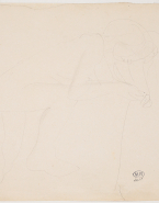 Femme nue appuyée, de profil à droite, jambe droite soulevée