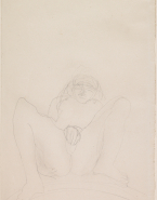 Femme nue sur le dos, de fece, jambes écartées et repliées, une main au sexe
