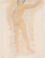 Femme nue debout, une main sur le ventre et l'autre levée vers la droite