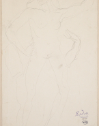 Femme nue debout, un bras levé, la main droite à la hanche