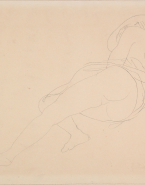 Femme allongée sur le flanc, de profil vers la gauche, le vêtement relevé sur les hanches