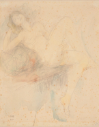 Femme nue assise vers la droite, jambes croisées, le corps renversé sur un coussin ; Visage (au verso)