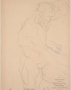 Homme nu, barbu, de profil à droite, un bras tendu, l'autre au-dessus de la tête, dit Ulysse