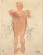 Femme nue de dos, une écharpe sur les épaules