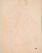 Femme nue, une main sur la poitrine et un bras étendu