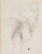 Femme nue assise, appuyée sur une main, l'autre tenant un pied en l'air