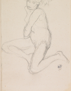 Femme nue assise vers la gauche, jambes repliées