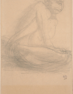 Femme nue assise, un pied dans une main, une jambe par-dessus l'épaule