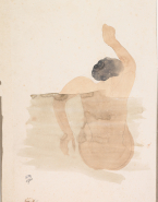 Femme nue assise de dos, un bras levé