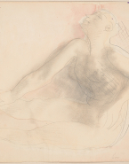 Femme nue, penchée en avant et une main à la cheville