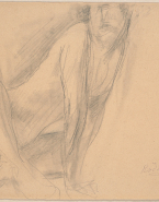 Femme nue assise en tailleur, appuyée des deux mains sur le sol, vers la droite