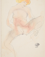 Femme nue assise aux jambes écartées, une main au sexe ; Ebauche d'un visage et d'un bras (au verso)