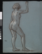 Femme nue de dos tournée vers la droite, au bras droit levé