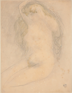 Femme nue assise de trois quarts vers la gauche, les mains à la chevelure