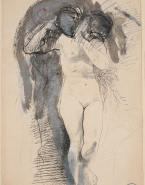 Femme nue debout portant un homme sur son épaule