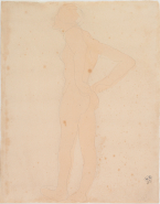 Femme nue, de profil vers la gauche, les mains aux hanches