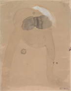 Femme nue de face, allongée sur le ventre et les bras tendus en avant