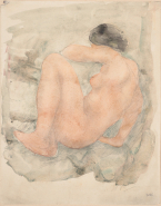 Femme nue assise, de profil à gauche, un coude sur les jambes repliées
