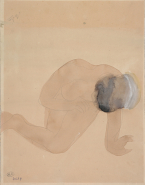 Femme nue assise de face et penchée en avant