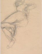 Femme nue couchée sur le côté, une main sur la hanche