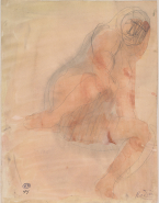 Femme nue sur le dos, aux jambes écartées et repliées