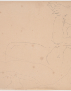 Femme nue appuyée sur les avant-bras, penchée vers la gauche et en suspens sur une jambe