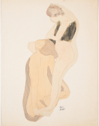 Femme nue penchée sur une femme agenouillée vue de dos