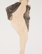 Femme nue assise, un vêtement sur les épaules