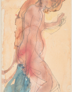 Femme nue debout de profil, un vêtement à la main