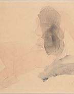 Femme nue à demi allongée vers la gauche, chevelure tombante